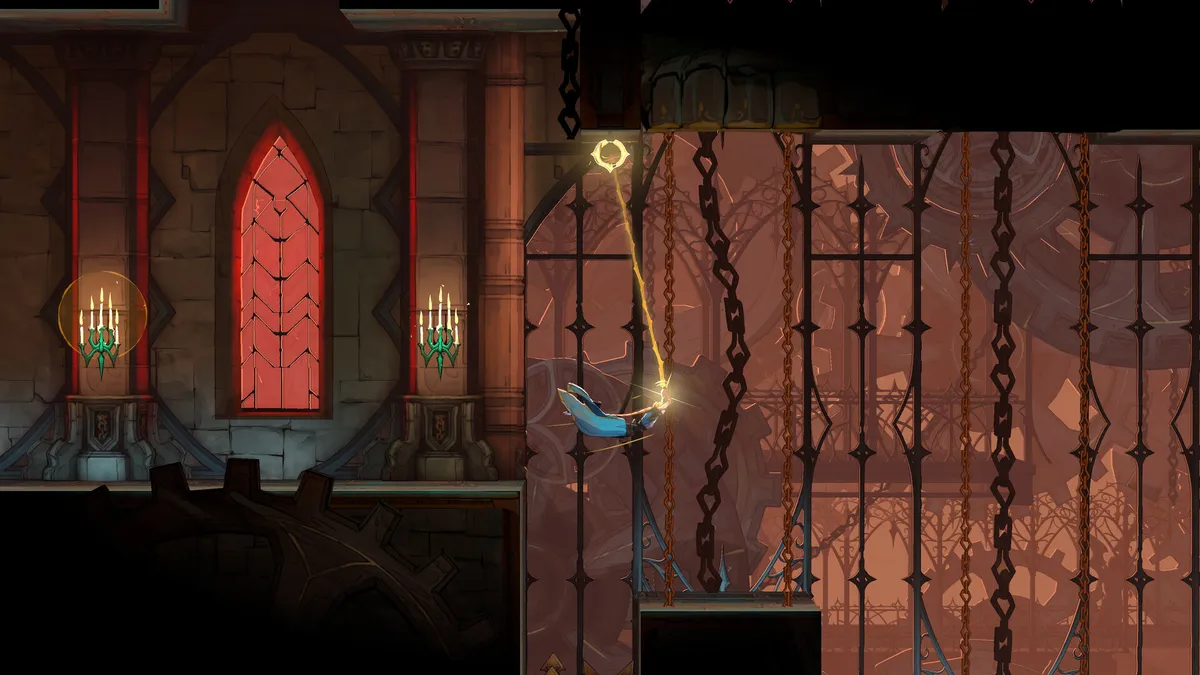 Rose Belmont swings from a glowing gold anchor over a gap in a candlelit chamber.
