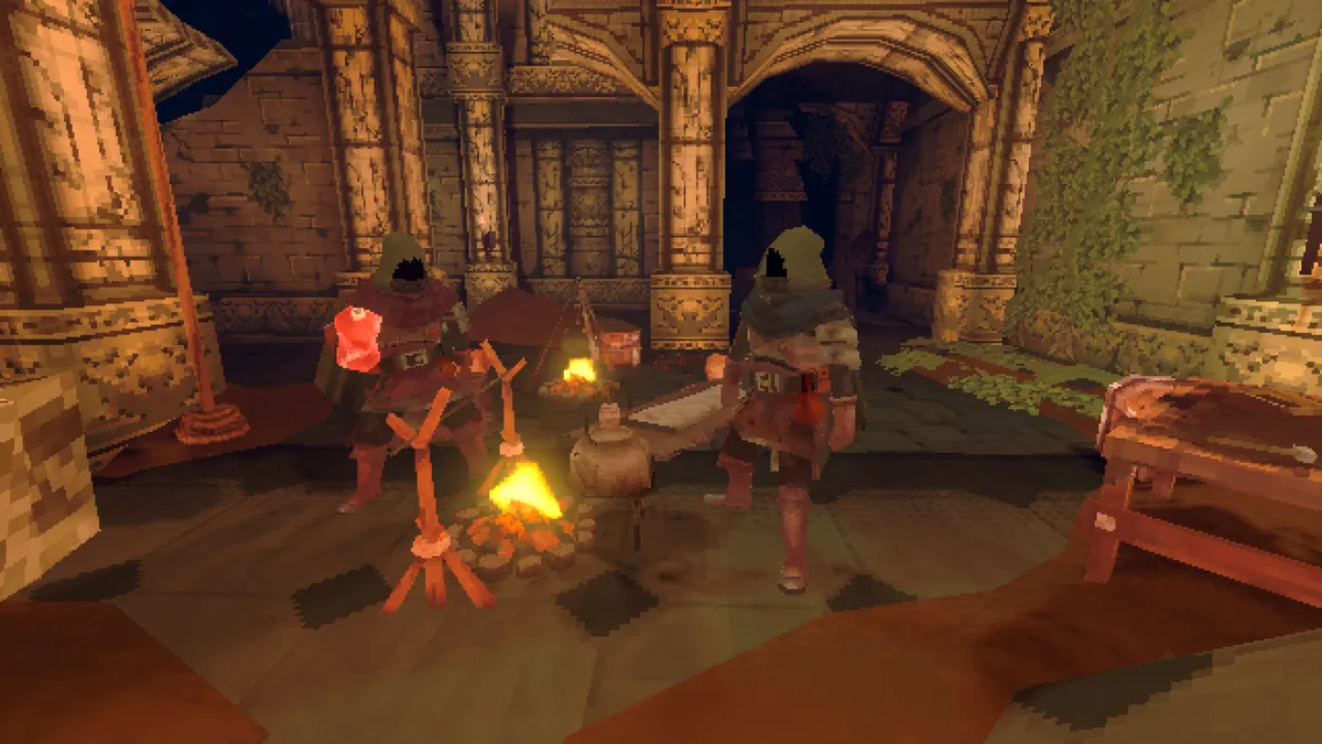 Two adventurers prepare a dungeon campsite with a fire, cooking equipment and supplies.