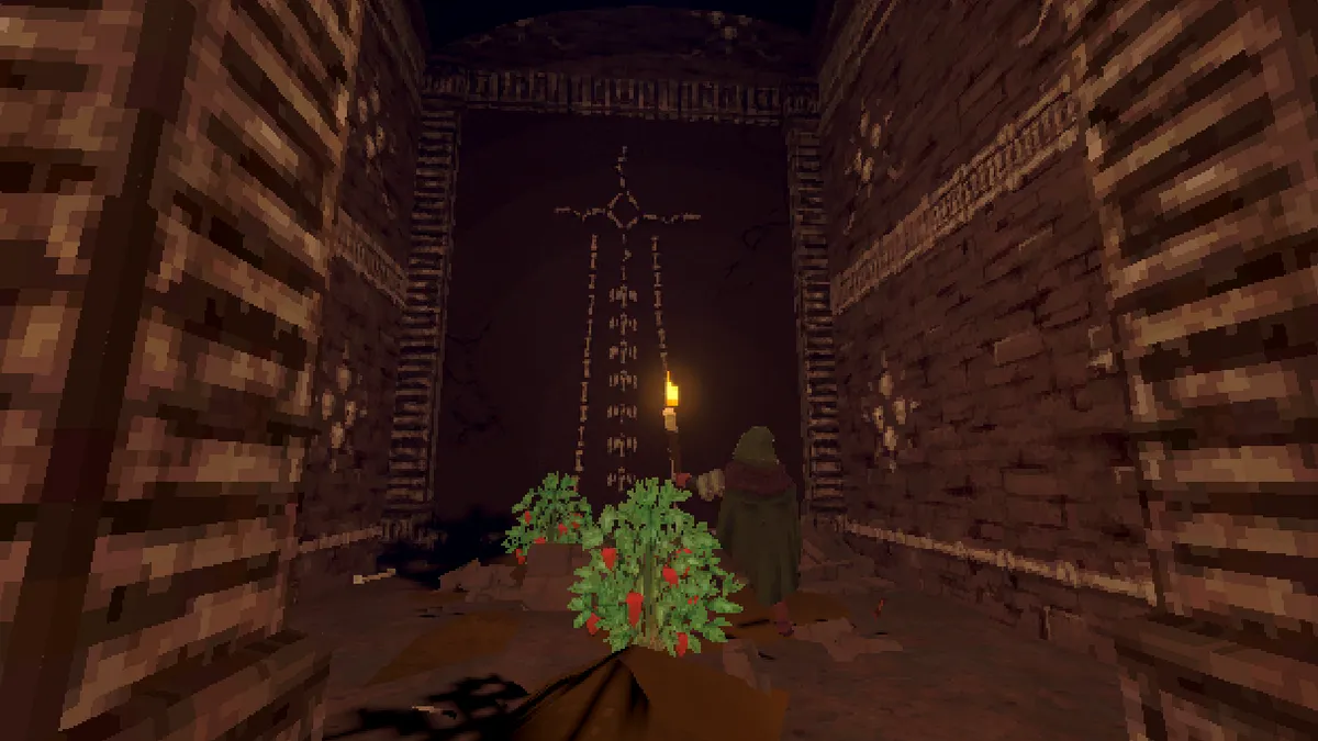 An adventurer gathers ingredients near plants and a marked dungeon door in Deep Dish Dungeon.