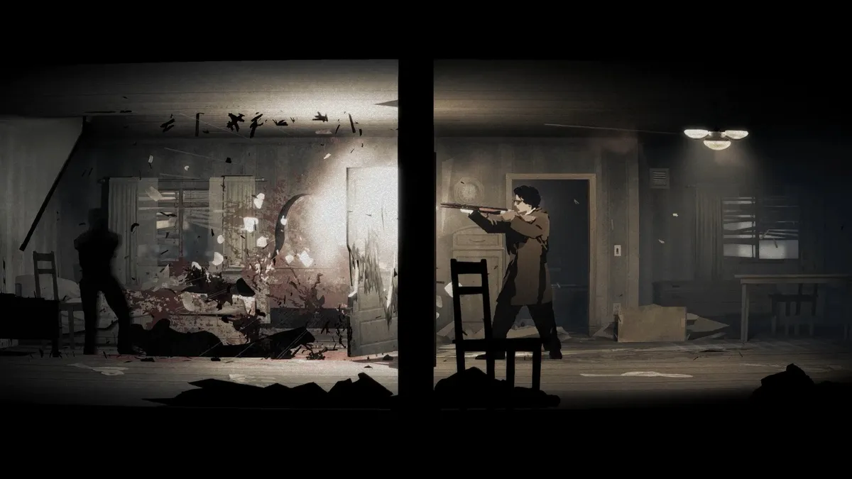 Red Walker fires a shotgun at a creature in a dimly lit Silver Pines interior.