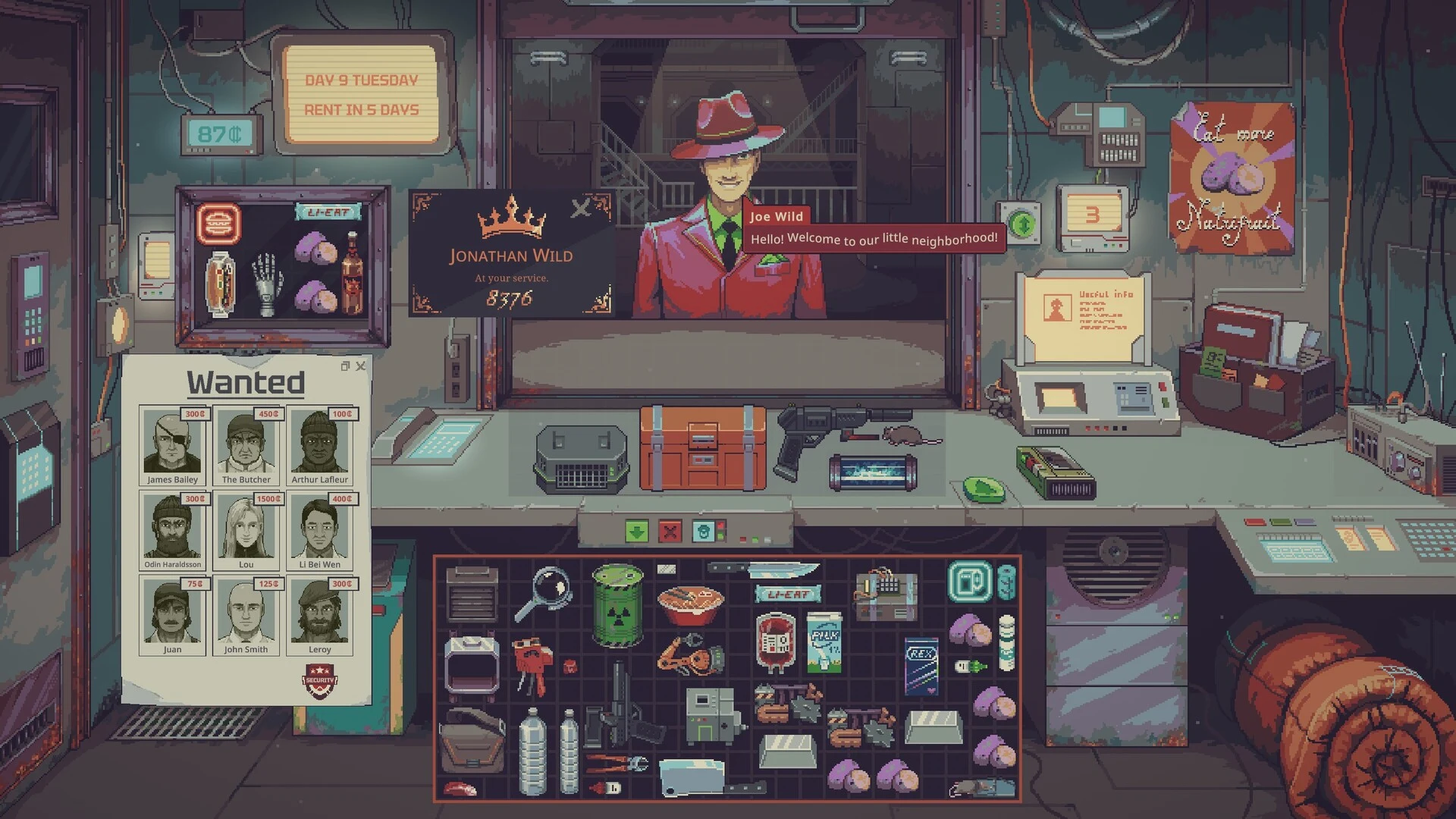 In-game shop view with a customer at the counter, goods for trade, inventory slots, and a rent countdown.