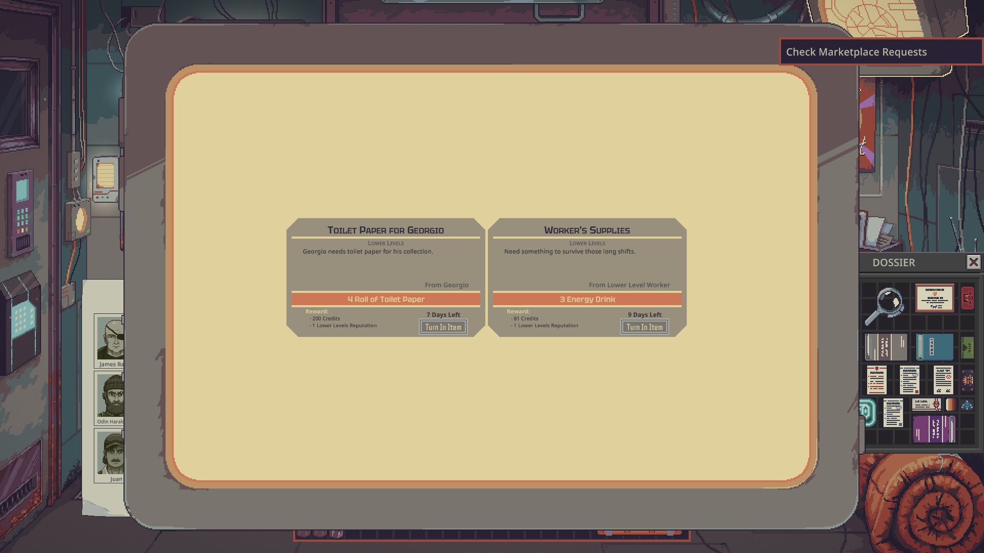 Marketplace request screen with toilet paper and energy drink orders, quantities, deadlines, rewards and delivery buttons